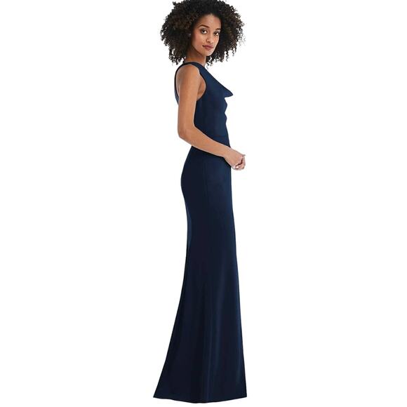 NWT Dessy AFter Six One Shoulder Draped Cowl Neck Maxi Dress Midnight Navy Sz 20 - Picture 2 of 11